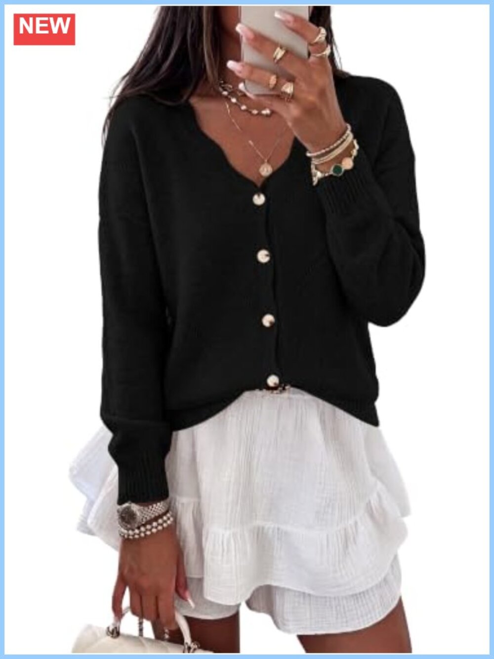Oversized Scalloped Cardigan Sweater Button Down Pointelle Knit